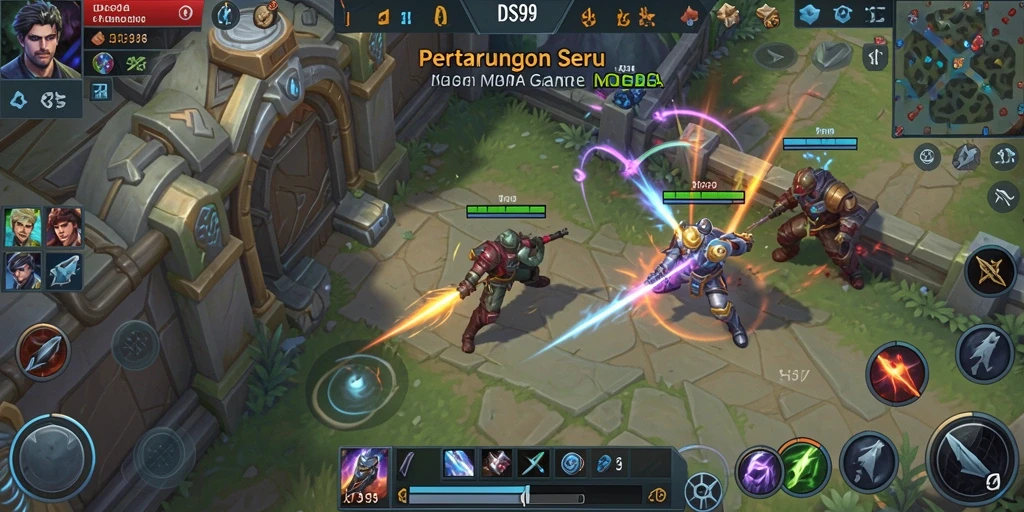Screenshot dari gameplay seru dalam DS99 dengan pertempuran MOBA.