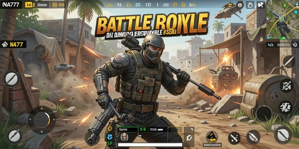 Screenshot gameplay NA777 menampilkan pertempuran intens di arena Battle Royale.