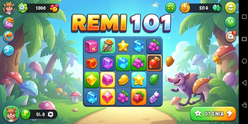 Tangkapan layar <strong>REMI101</strong> menampilkan gameplay Match-3 yang seru dan penuh warna.